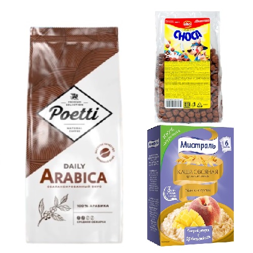 Кофе в зернах, сухой завтрак и каша овсяная Кофе в зернах, сухой завтрак и каша овсяная